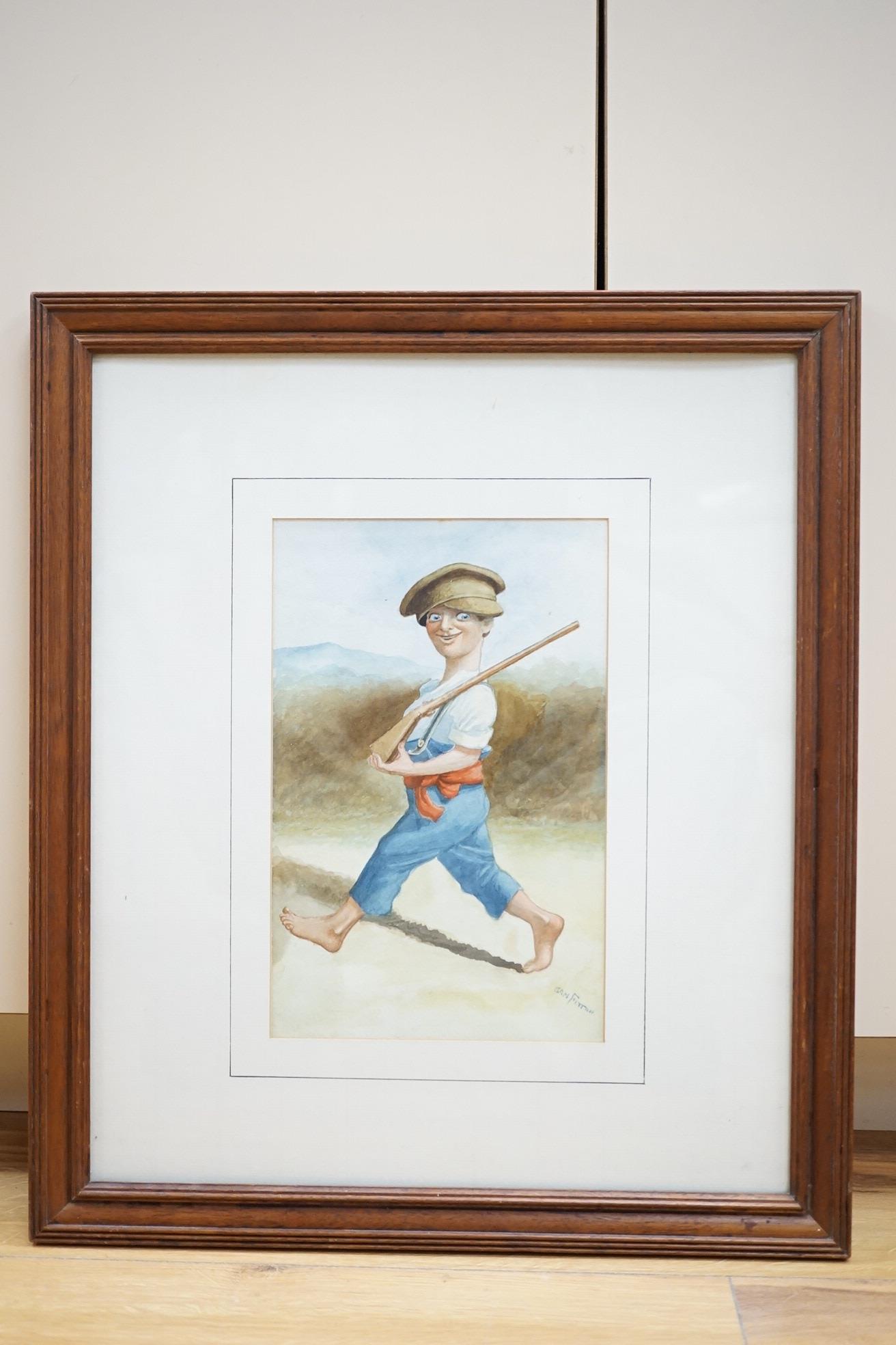 Sam Fitton (1868–1923), original WWI watercolour cartoon, 'Just like Dad', signed, 26 x 17cm. Condition - fair